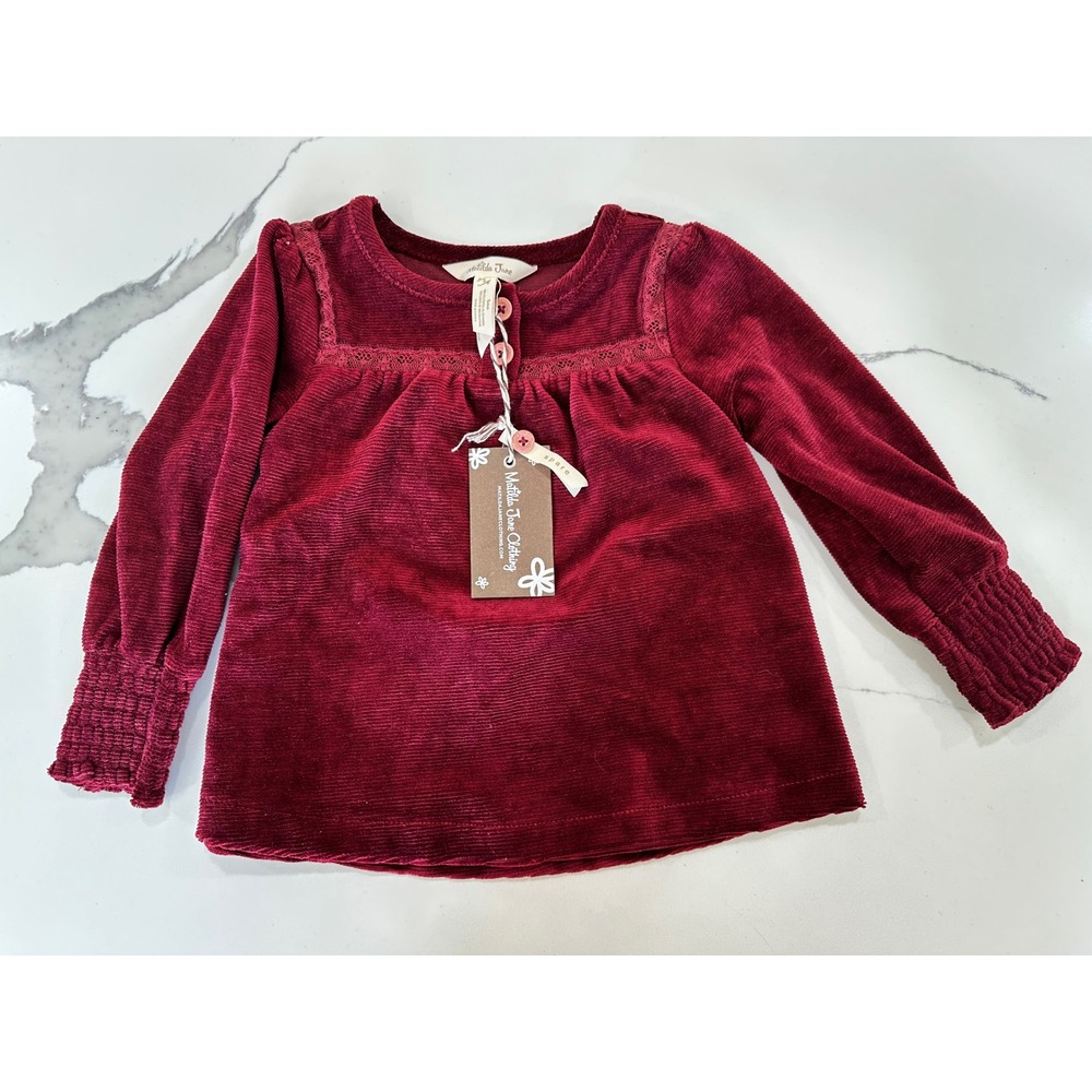 Matilda Jane Girls Burgundy Corduroy Lace Trim Long Sleeve Top Shirt Size 2T NWT